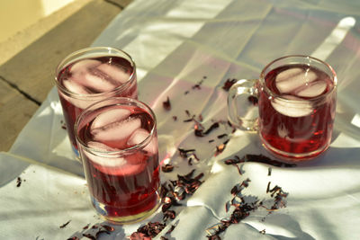 High angle view of drink in glass on table