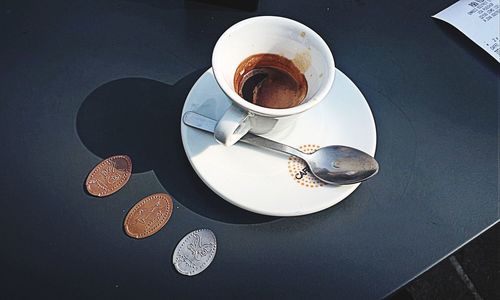 High angle view of coffee cup on table