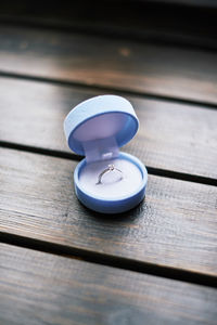 High angle view of blue toy on table