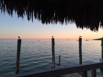 Silhouette wooden posts in sea against sky at sunset