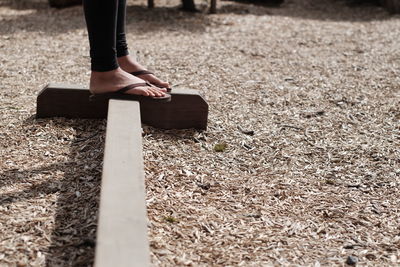 Low section of woman standing on wooden plank amidst wood chips