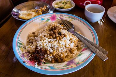 High angle view of breakfast served on table