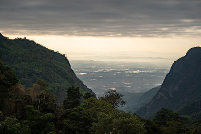 Scenic view of mountains against sky during sunset