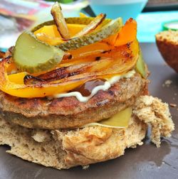 Close-up of burger on table