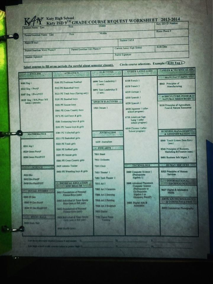 Course selection sheet for high school...