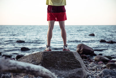 Rear view of man standing on rock at beach