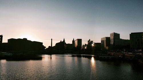 View of city at waterfront during sunset