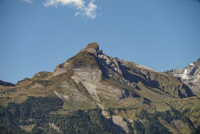 Low angle view of mountain against clear blue sky