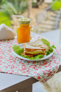 High angle view of breakfast served on table