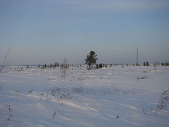 Scenic view of snow covered field against clear sky