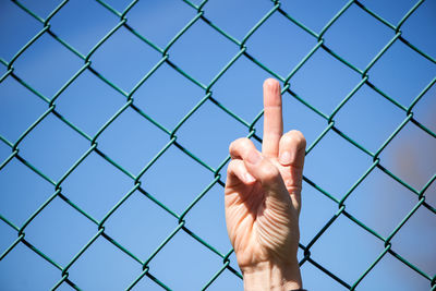 Close-up of hand against chainlink fence