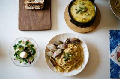 High angle view of meal served on table