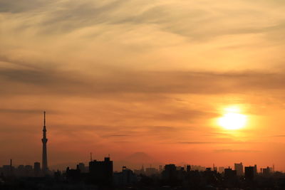 Silhouette of buildings against cloudy sky during sunset