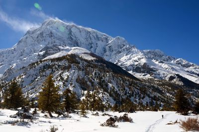 Scenic view of snow covered mountains against sky