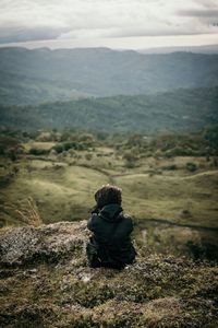 Rear view of man sitting on landscape