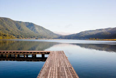 Scenic view of lake and mountains against sky