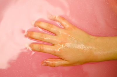 Close-up of woman hand with pink petals in background