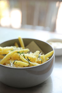 Close-up of soup in bowl on table