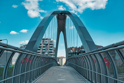 View of suspension bridge against cloudy sky