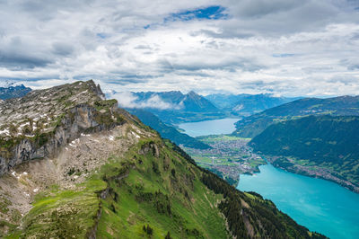 Scenic view of sea and mountains against sky