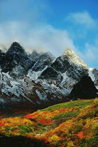 Scenic view of snow covered mountains against sky