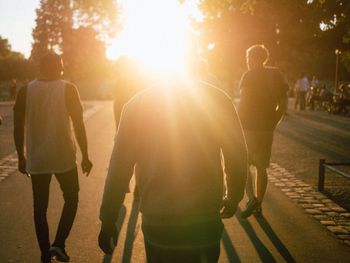 Rear view of people walking in park during sunset