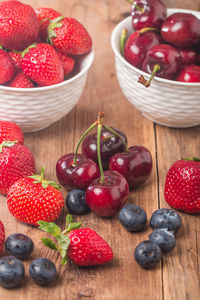 High angle view of strawberries on table