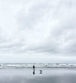 Man with dog standing at beach against cloudy sky