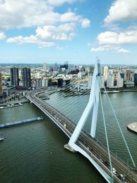 Bridge over river amidst buildings in city against sky