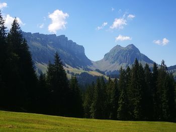 Scenic view of mountains and trees against sky
