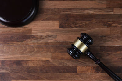 High angle view of wine on wooden table