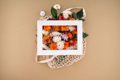 High angle view of christmas decoration on white background