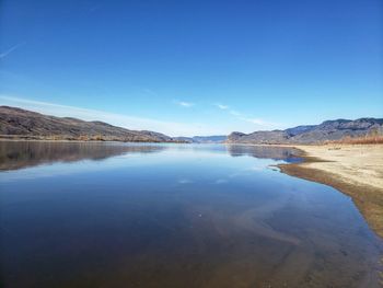 Scenic view of lake against clear blue sky