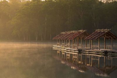 Built structure in calm water against trees