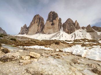 On spring tour around fmous tre cime. great view of alpine tre cime di lavaredo massif.