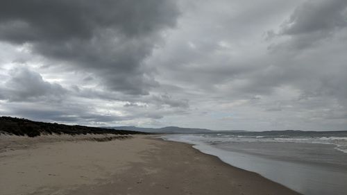 Scenic view of beach against cloudy sky