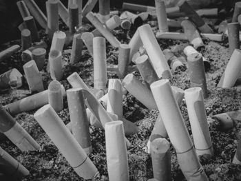High angle view of cigarette in row at market stall