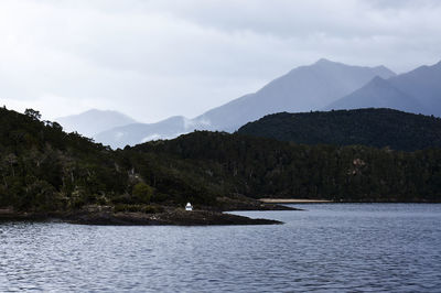 Scenic view of lake and mountains against sky