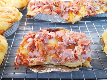 High angle view of pizza on barbecue grill