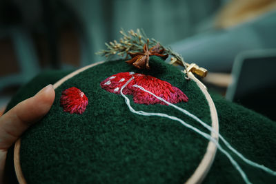 Close-up of hand holding strawberries