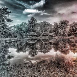 Scenic view of lake against cloudy sky