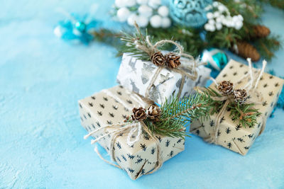 Close-up of christmas decorations on table