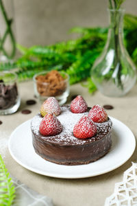 High angle view of strawberries in plate