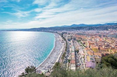 High angle view of city on coast