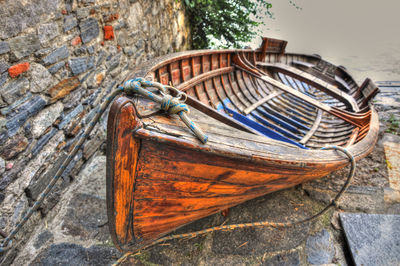 High angle view of old wooden boat