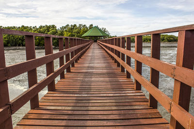 Wooden footbridge over water against sky