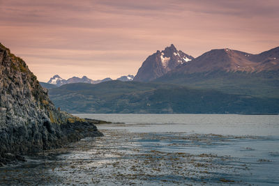 Scenic view of mountains against sky during sunset