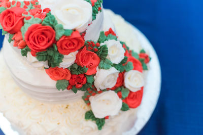 High angle view of roses in plate on table