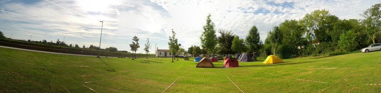 grass, sky, tree, field, green color, cloud - sky, landscape, men, nature, cloud, panoramic, leisure activity, rural scene, grassy, large group of people, growth, day, cloudy, person