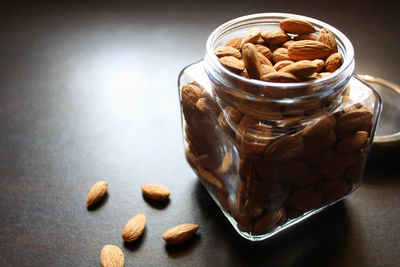 High angle view of ice cream in jar on table